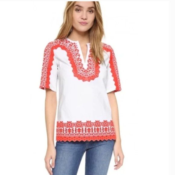 Tory Burch Tops - Tory Burch Red and White Embroidered Isla Eyelet Tunic Top Size 12